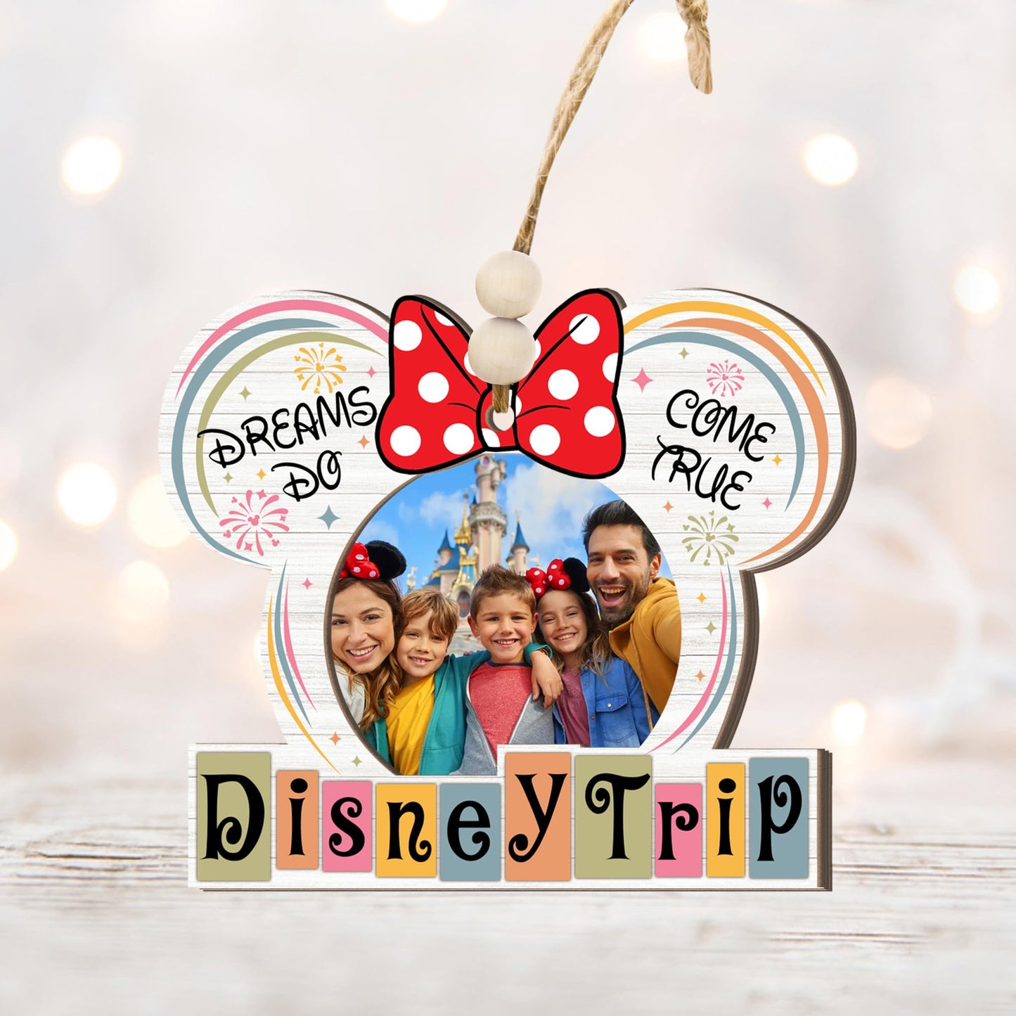 Family Vacation Trip Wooden Photo Ornament – Ears with Bow Design, “Dreams Do Come True” Family Vacation Magic Kingdom Keepsake, Rustic Holiday Decoration with Photo Frame