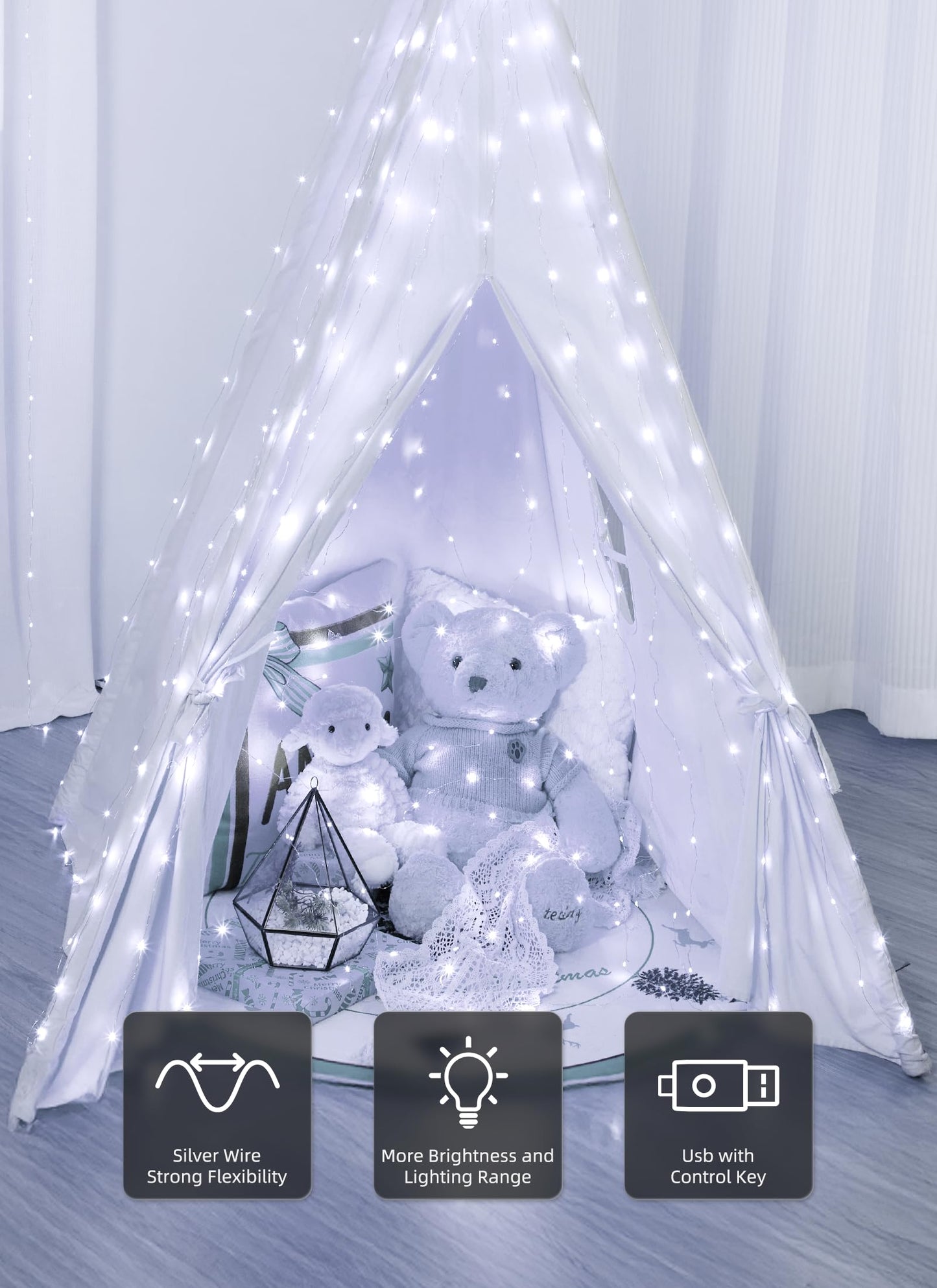 Brightown 300 LED Fairy Curtain Lights, 9.8ft x 9.8ft String Lights, USB Plug in 8 Lighting Modes Christmas String Hanging Lights with Remote for Bedroom Indoor Outdoor Party Xmas White 1 Pack