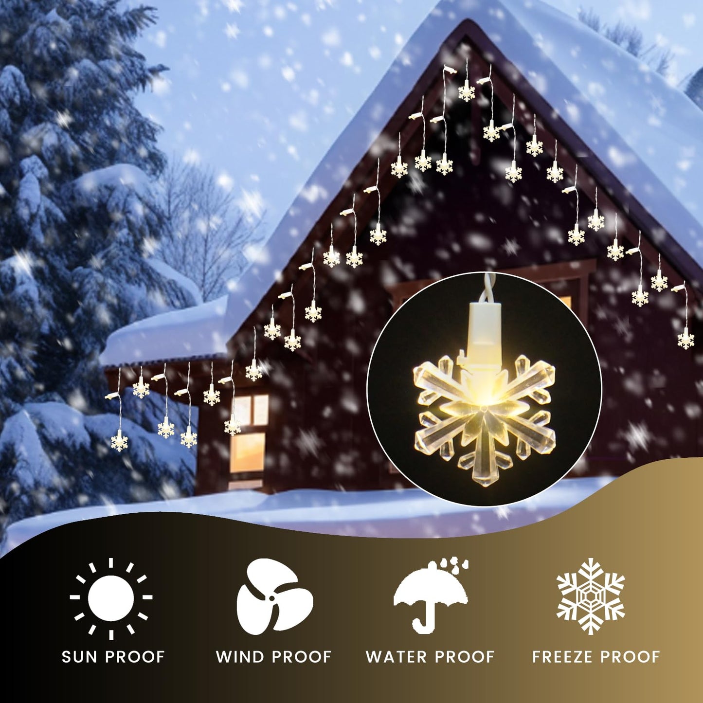LitTerra Icicle Lights for Outside 180 LED 26.4ft 30 Drops Icicle Christmas Lights Outdoor Snowflake with 8 Mode Function Curtain String Lights Indoor for Patio Garden Bedroom (no Remote, 1)