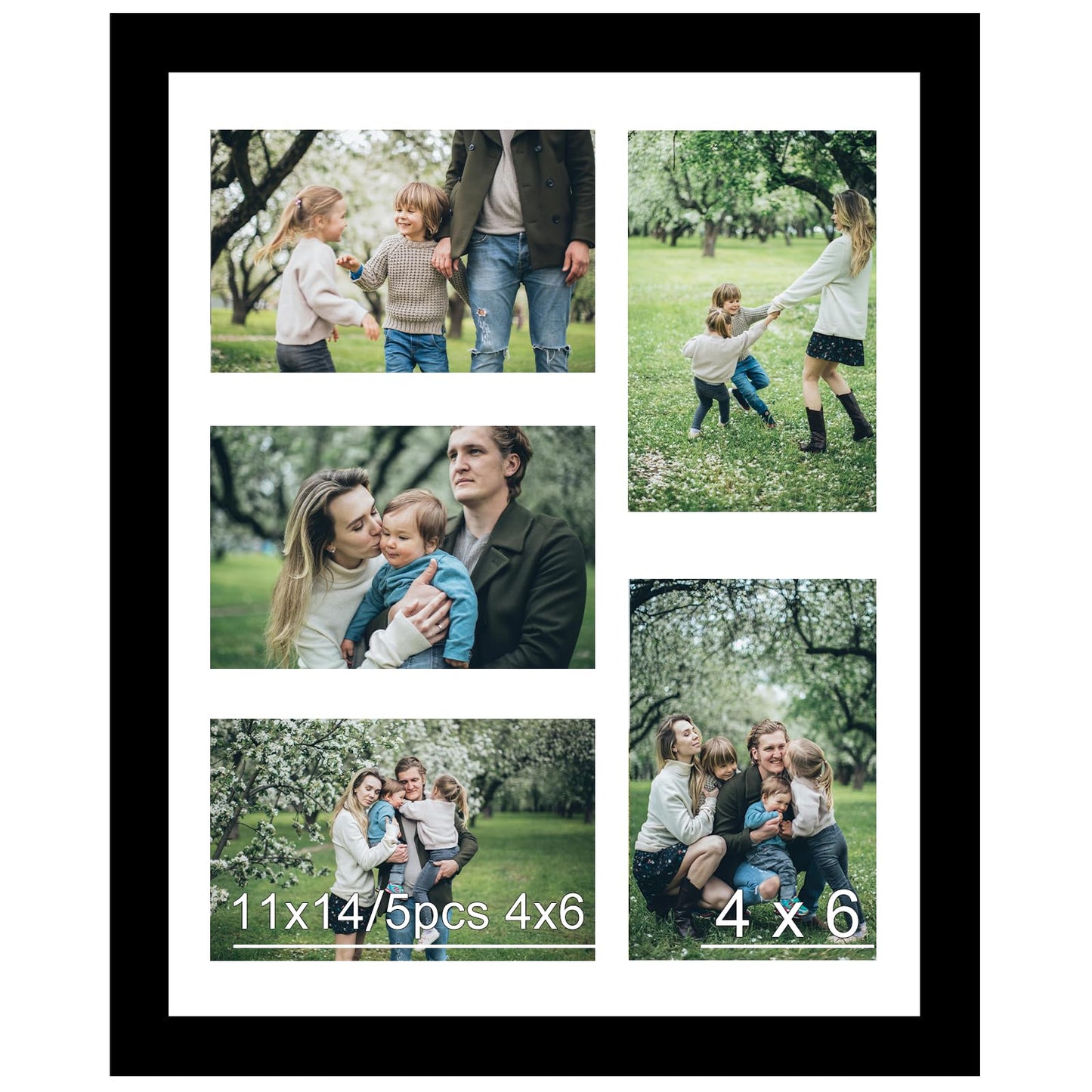 JCJMY 11x14 Picture Frame, 4x6 Collage Picture Frame, Display 5 Pcs 4x6 Photos or 11x14 Picture, Five Opening 4x6 Collage Frame for Wall Hanging, Lightweight 4 x 6 Multi Pictures Frame, Black