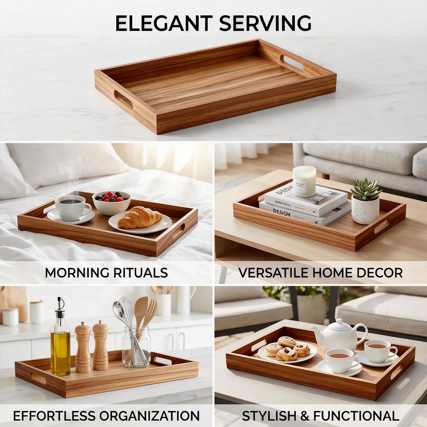 Krismax Wooden Serving Tray with Handles, Rustic Brown Rectangular Serving Platter 15.7x11.4 Inch for Coffee Table, Decorative Storage Tray
