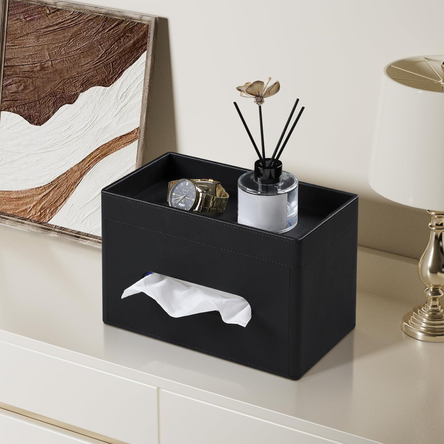 MEIBOOCH Plus Size Tissue Box Cover Rectangle, PU Leather Tissue Box Holder with Storage Tray, Decorative Organizer Tissue Holder for Bathroom, Bedroom Dresser, Night Stand, Office (Black)