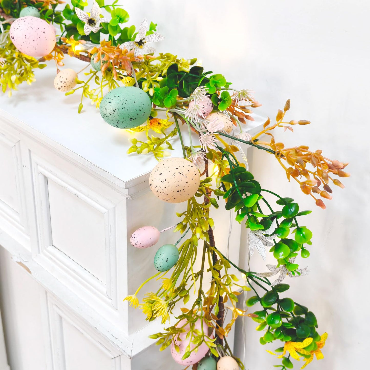 Tirdkid 6ft Lighted Easter Garland Festive Easter Decorations for Home & Outdoor, Spring Garland with Warm LED Lights for Mantle, Door, Fireplace, Table Centerpieces & Holiday Party