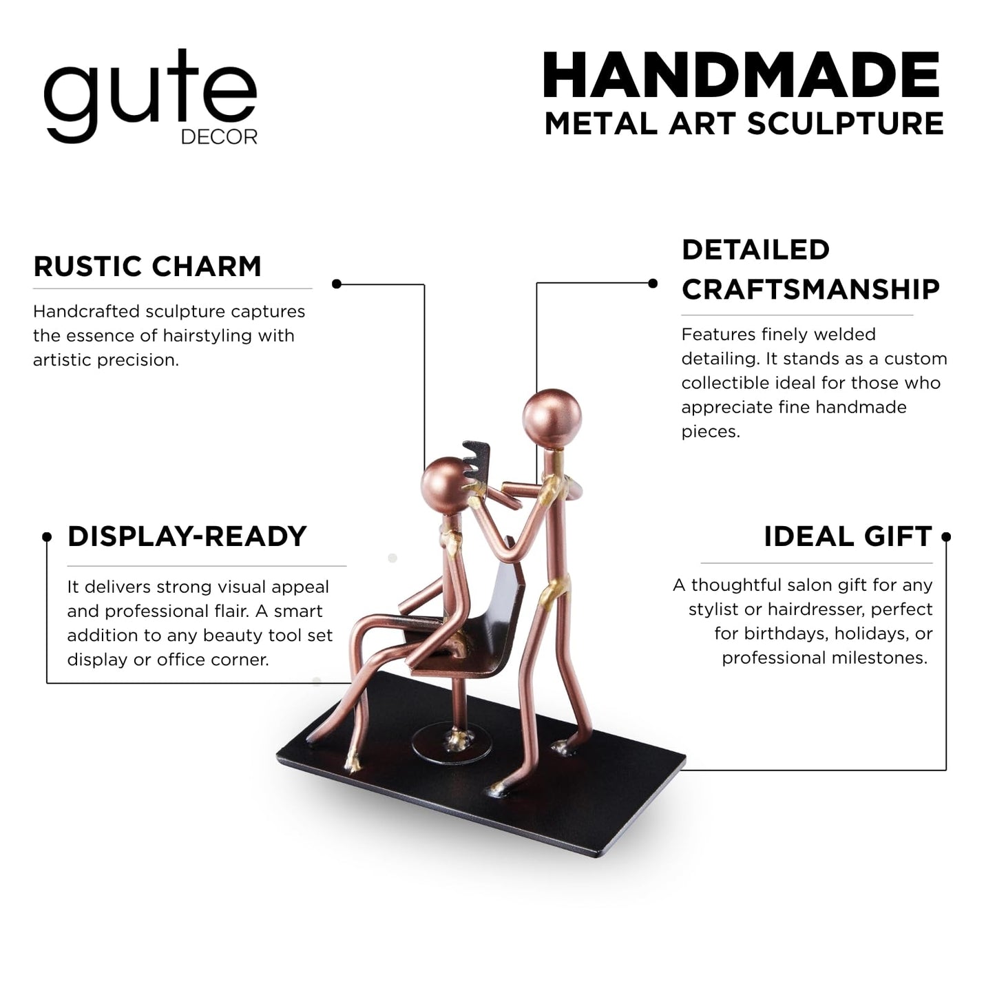GUTE Hairdresser Craft Handmade Figurine 4.25" L x 4.25" H Recycled Metal Sculpture & Hand Welded Bronze Finish Art Gift Barber Shop Decor, Salon Desk Accessories & Hairstylist Appreciation Gifts