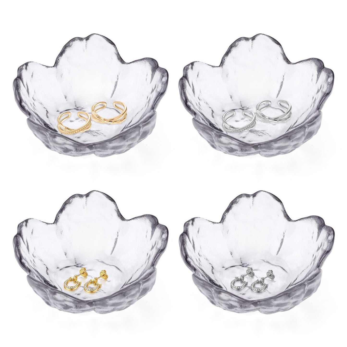 Sekonow 4 Pack Ring Dish Jewelry Tray, Small Glass Trinket Dish, Decorative Aesthetic Ring Holder Plate Bowl for Women Earring Bracelet for Vanity Nightstand (Crystal Grey)