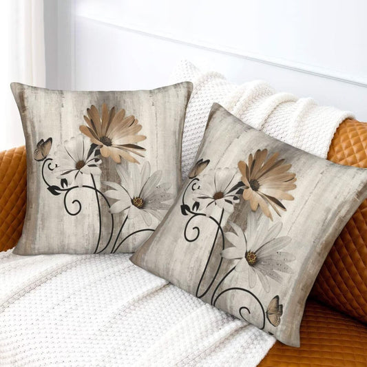 Sunshineyan Brown Floral Pillow Covers 18 x 18 Inch Set of 2 Daisy Floral Butterfly Decorative Throw Pillow Covers Linen Rustic Farmhouse Cushion Cases for Home Sofa Couch Living Room Decor