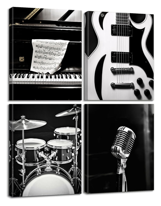 Framed Black and White Music Wall Art, 4 Panels Vintage Musical Instruments Canvas Prints, Piano Guitar Drums Microphone Posters for Studios Bedroom Decor, 8x10 Inch
