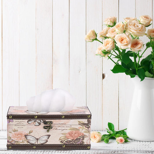 Hoowen Vintage Tissue Box Cover, Wood Rectangular Tissue Box Holder, Decorative Butterflies Faux Leather Tissue Holders for Table Bathroom Living Room Kitchen Office Car Home Decor, Distressed Pink