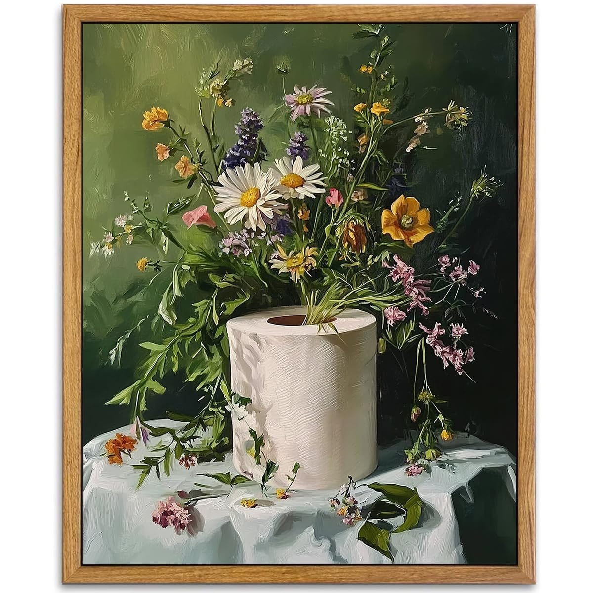 AtterrirArt Framed Funny Bathroom Wall Art, Toilet Paper Picture Painting Print, Vintage Moody Floral Wall Decor, Toilet Canvas Wall Art, Ready To Hang, 12 * 16 Inches