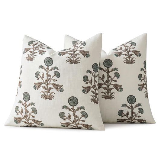 MIULEE Set of 2 Vintage Pillow Covers Neutral Decorative Floral Throw Pillows Block Print Boho Farmhouse Cushion Covers for Modern Rustic Home Decor Sofa Bed Living Room, 18 x 18 Inch, Brown Green