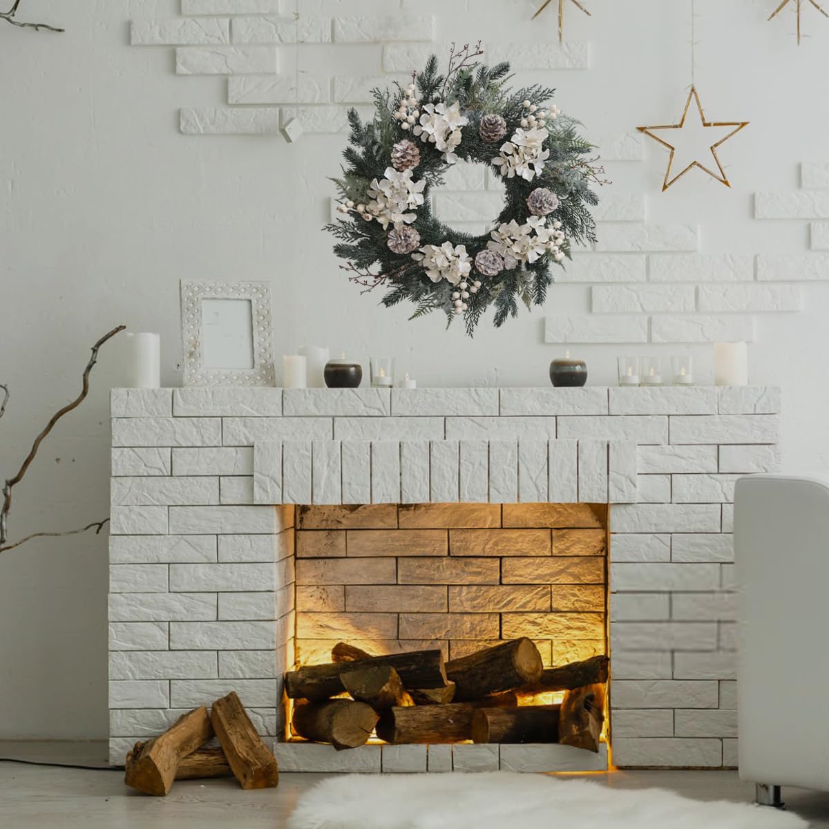 BINFEN 20” Glitter Pine Christmas Winter Wreath with Metallic Silk Hydrangea Pinecone & White Berry – Mixed with Norfolk Cypress Cedar & Spruce, Wreaths for Front Door Porch Mantel & Fireplace Decor