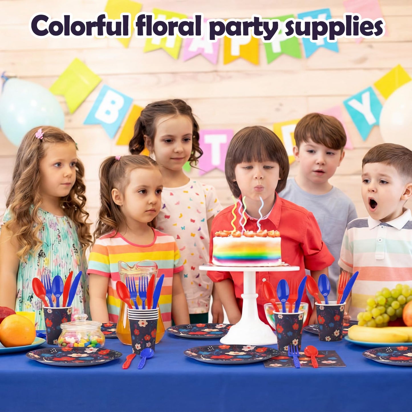 Blushtier 192 Pcs Flowers Paper Plates and Napkins Tableware Set Serves 24 Guests, Black Floral Birthday Party Supplies Disposable Plates Napkins Cups Plastic Knives Fork Spoons Party Decorations