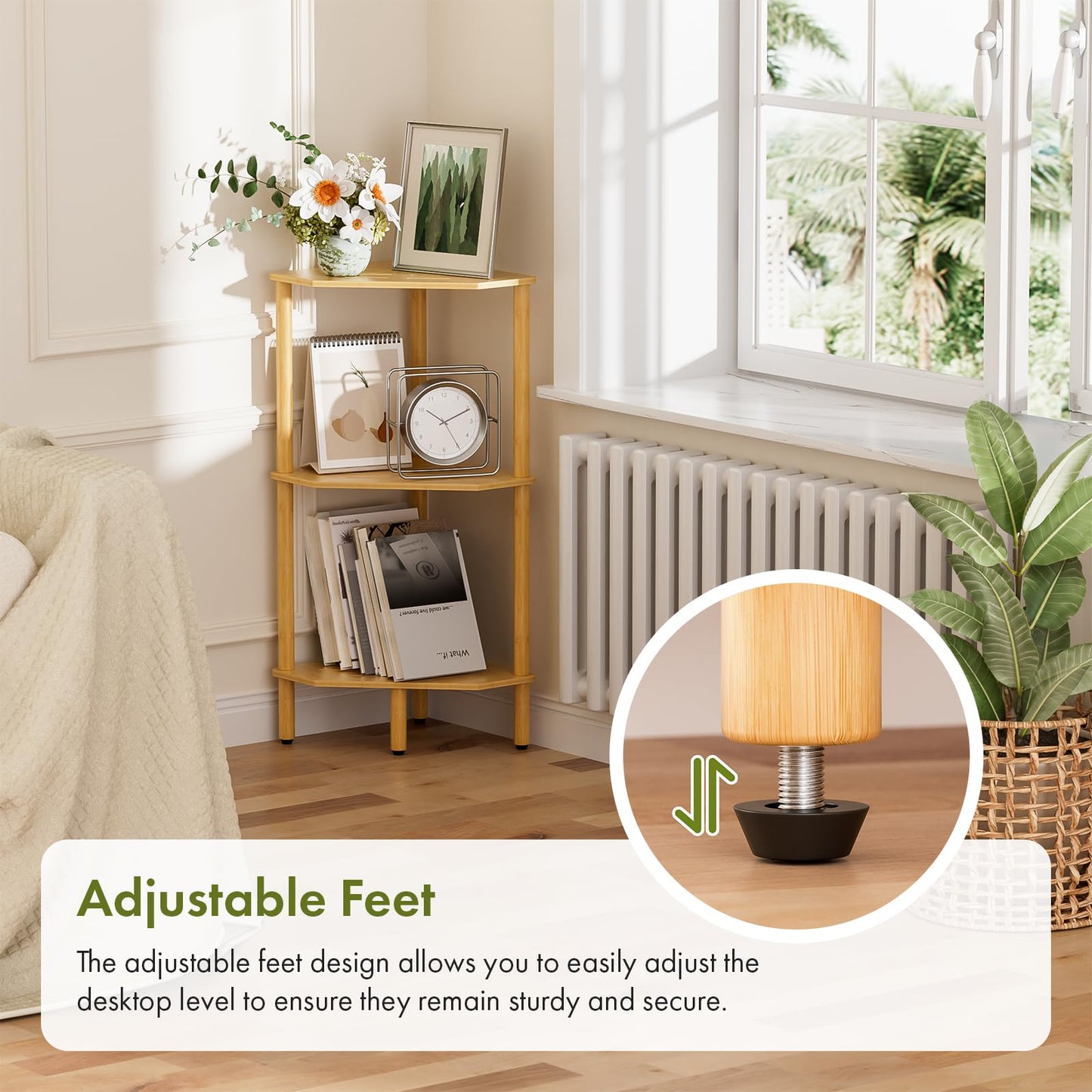 Atoping 3 Tier Bamboo Corner Shelf, Storage Stand with Adjustable Feet, Small Space Corner Bookcase, Outdoor Plant Stand, Space-Saving Organizer for Bathroom Kitchen Living Room