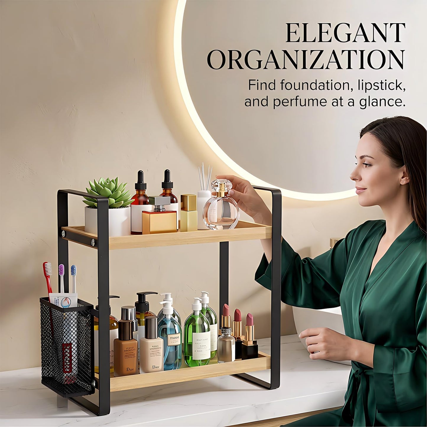 LEMIKKLE 2-Tier Wood Bathroom Counter Organizer with Basket,Waterproof Vanity Perfume Skincare Storage for Bathroom, Kitchen, Dresser