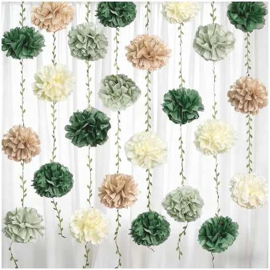 Tissue Paper Flowers Pom Pom Garland with Leaf Ribbon, 2 PCS 8.2ft Hanging Streamer for Wedding, Baby Shower, Rustic Boho Party Decor, Green Beige Neutral Tones, Reusable & Easy to Assemble