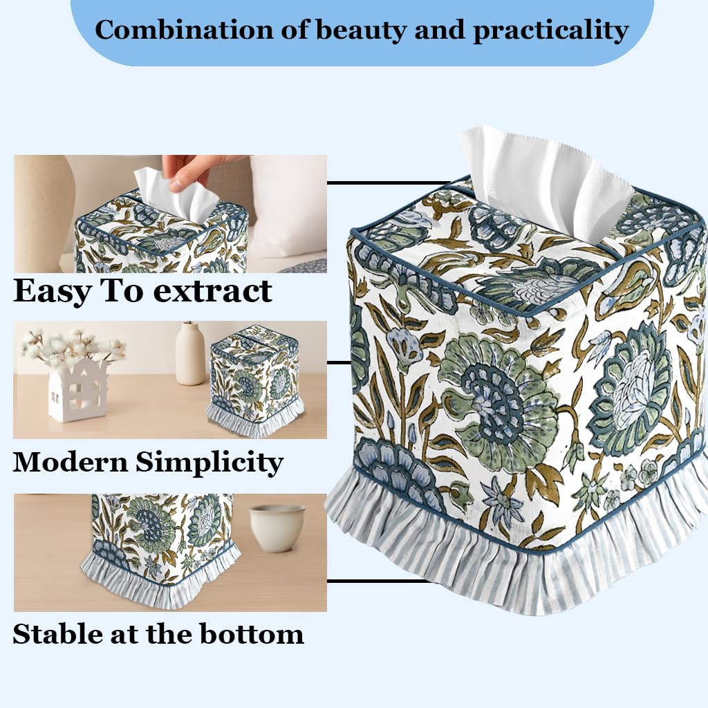 Ridhi Asparagus Green Block Print Ruffle Tissue Box Cover Handmade Cotton Decorative Square Napkin Holder for Home Bedroom Living Room Bathroom Vanity Countertop Car Office Kitchen