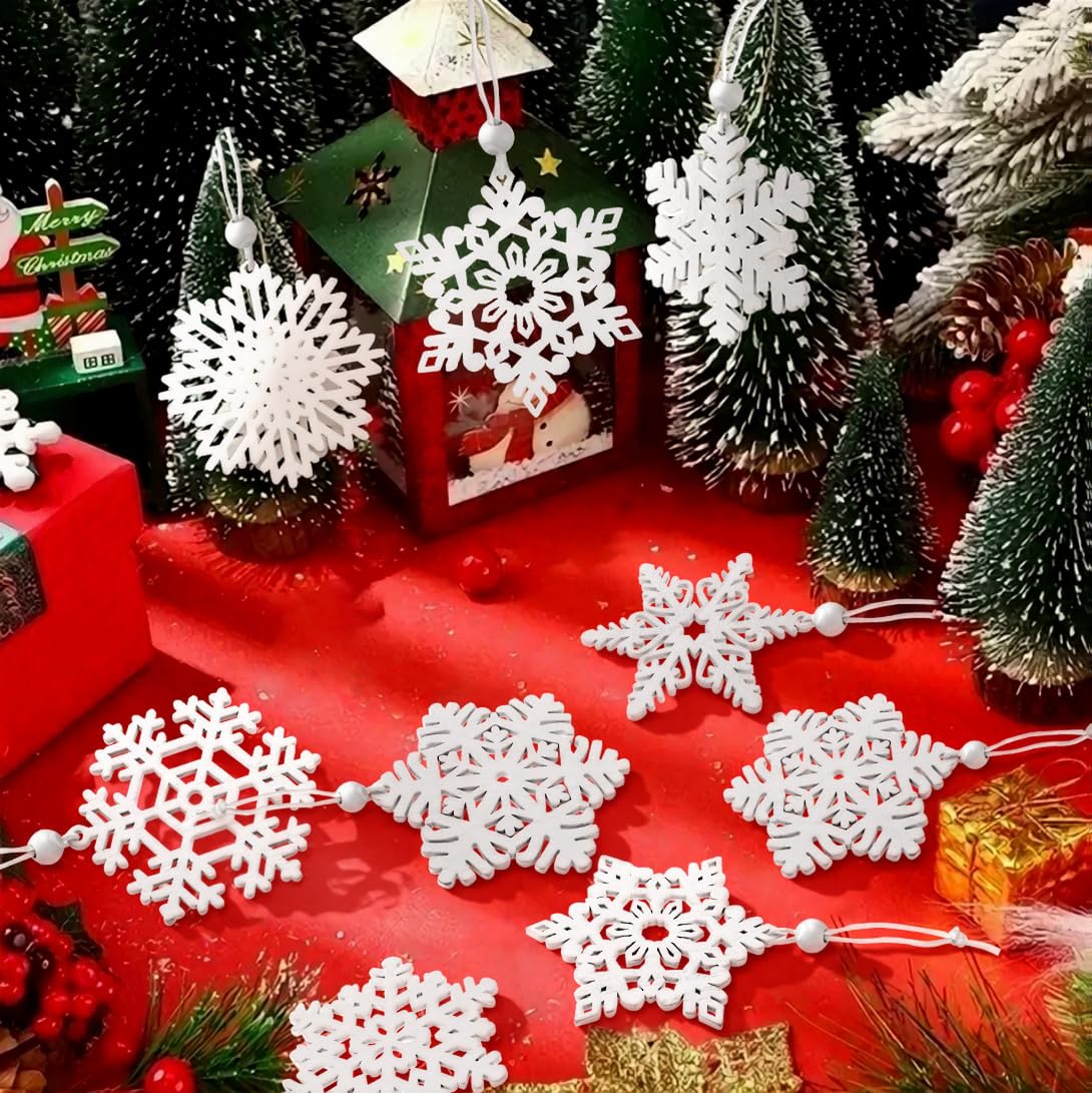 MEMOVAN 3inch White Snowflakes Ornaments 16PCS Wooden Snowflakes Hanging Decorations Winter Snowflake Christmas Ornament for Xmas Tree Garland Holiady Window Wonderland Crafts 8 Styles