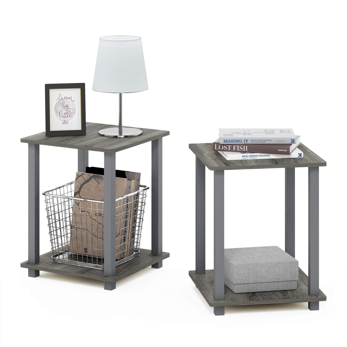Furinno SIMPLISTIC Side Table Set of 2, 2-Tier Square Modern End Table, Nightstand, Night Stand, Bedside Table, Toolless Assembly, for Living Room, Bedroom, French Oak