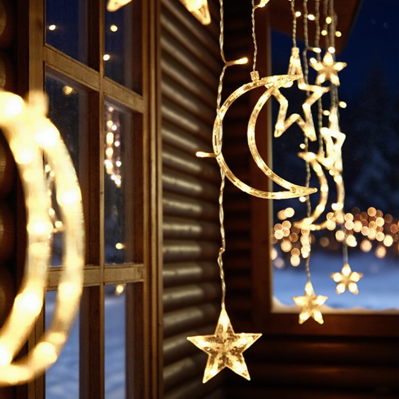 Moon and Stars Decor Curtain Lights, 11.5ft String Lights for Bedroom, Christmas, Ramadan Decor, Indoor LED Fairy Twinkle Light, Battery Operated or USB Plug-in (Warm Yellow)