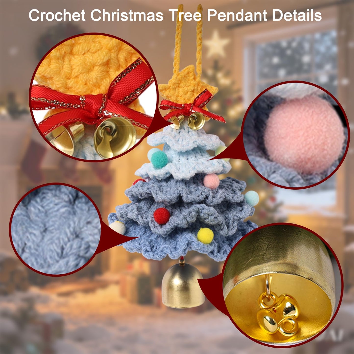 JSSTEM Handmade Crochet Christmas Tree, Hand-Knitted Ornaments Car Pendant with Bells, Stars, Bows & Pom Poms, Cotton Xmas Decor for Holiday Tree, Festive Gift, Home, Car and Party Decor, Blue