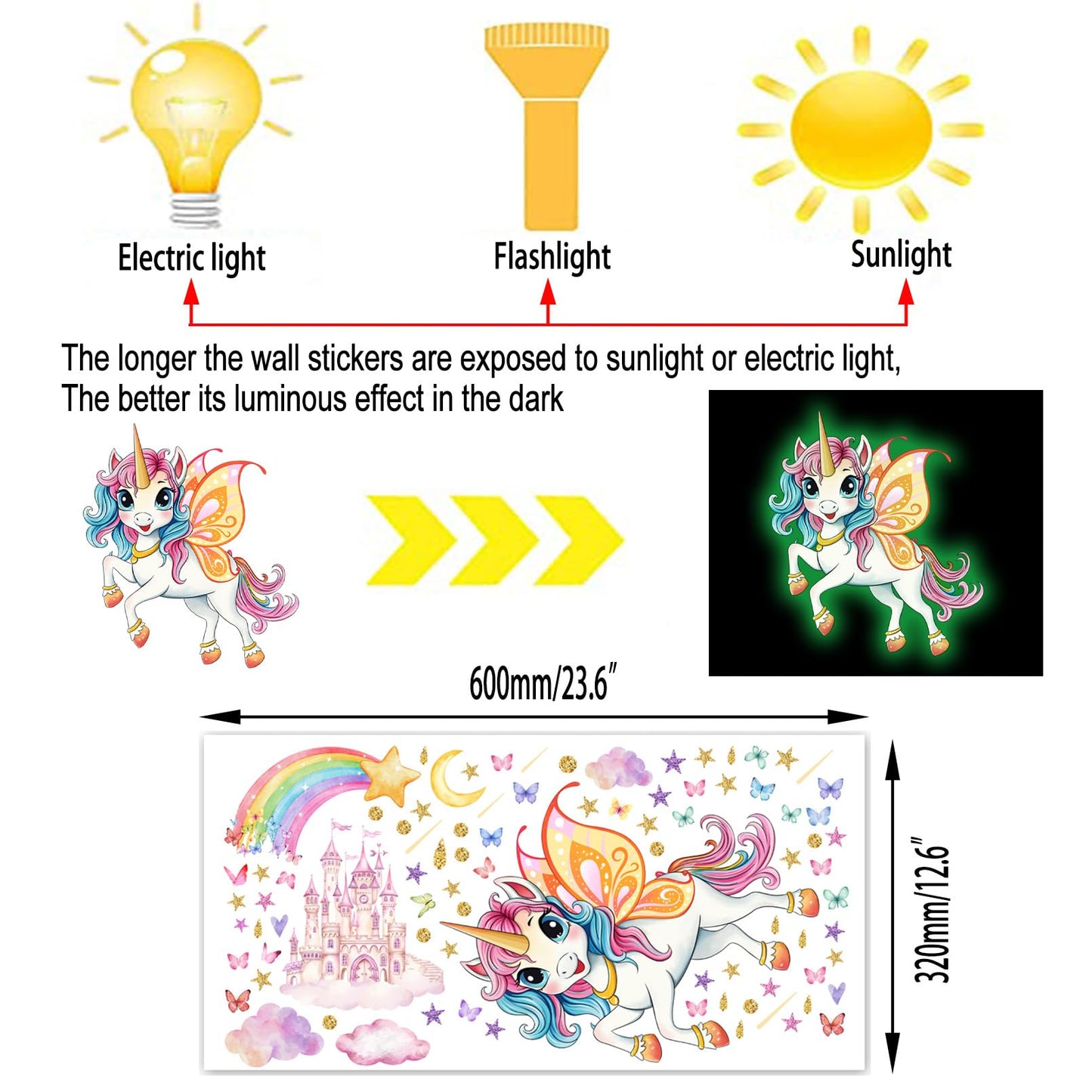 Glowing Unicorn Wall Stickers Unicorn Castle Wall Stickers with Rainbow, Butterflies, Clouds, Moon, and Stars Removable Wall Decorations Suitable for Bedroom, Classroom, and Playroom Wall Decor