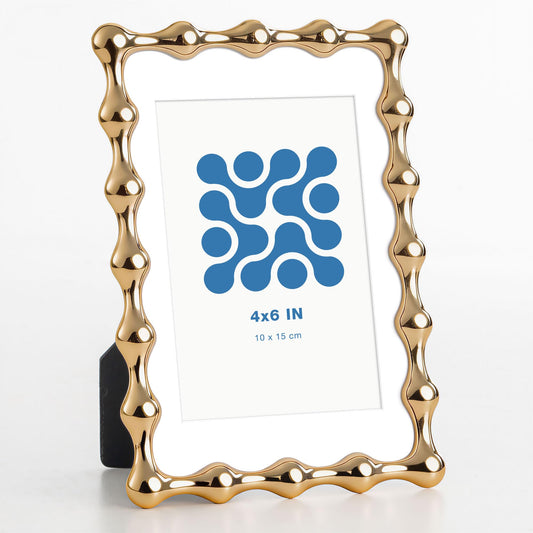 RICHFOCUS 4x6 Gold Picture Frame, Modern Zinc Alloy Photo Frame with Water Droplet Design, Mat for 3x5 Photo, Heavy Duty Metal Frame with Tempered Glass & Velvet Back for Tabletop & Wall Decor