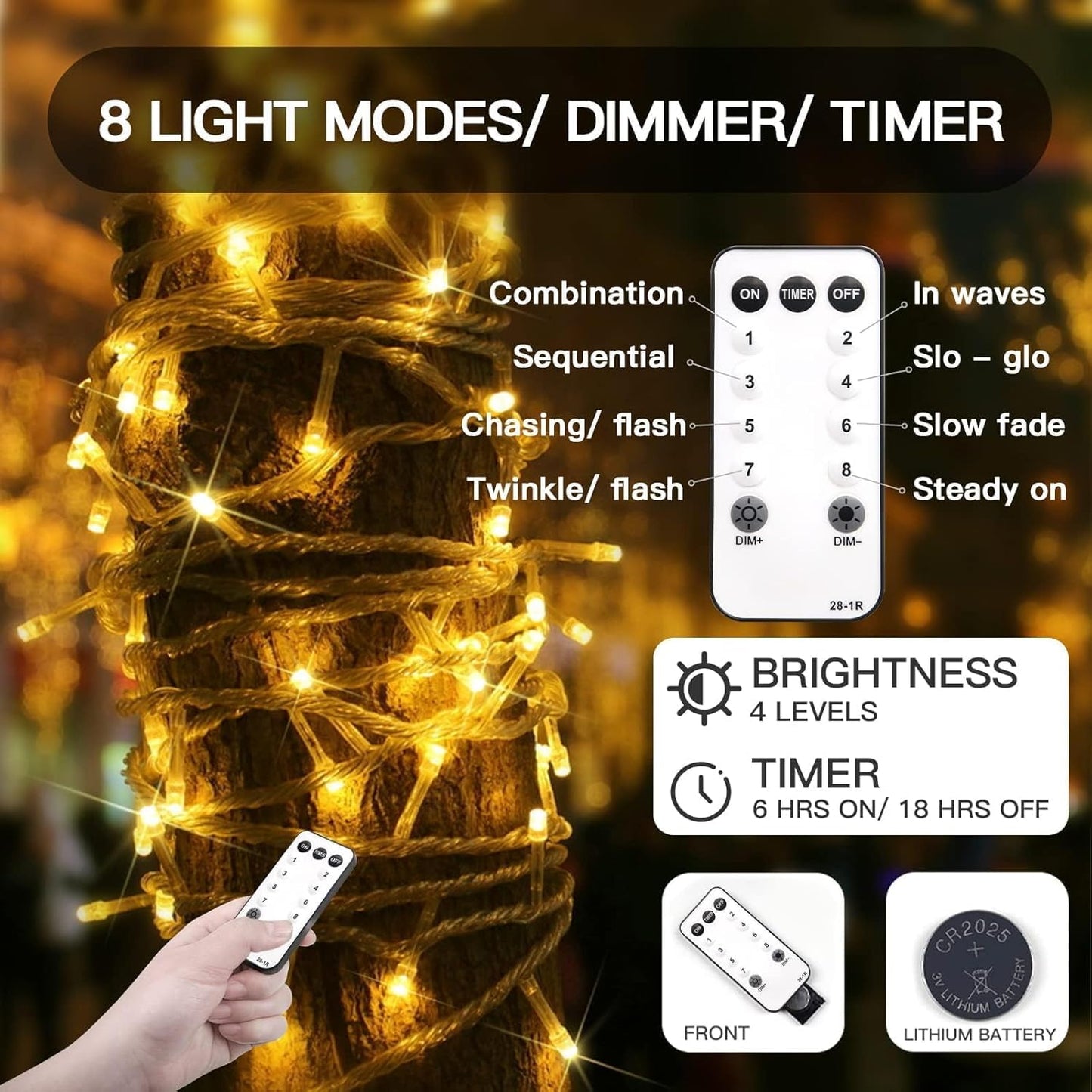 suddus 100 LED String Lights with Remote Control, 33ft Connectable Clear Wire Fairy Lights, 8 Modes & Timer Dimmable, Waterproof Plug in Twinkle Lights for Bedroom, Patio, Christmas Tree - Warm White