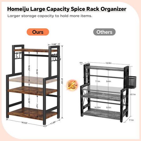 Kitchen Countertop Organizer,3 Tier Large Spice Rack Organizer with Adjustable Shelf and 5 Hooks,Wooden Counter Organizer,Space Saving Countertop Shelf Microwave Stand for Kitchen,Bathroom,Coffee Bar
