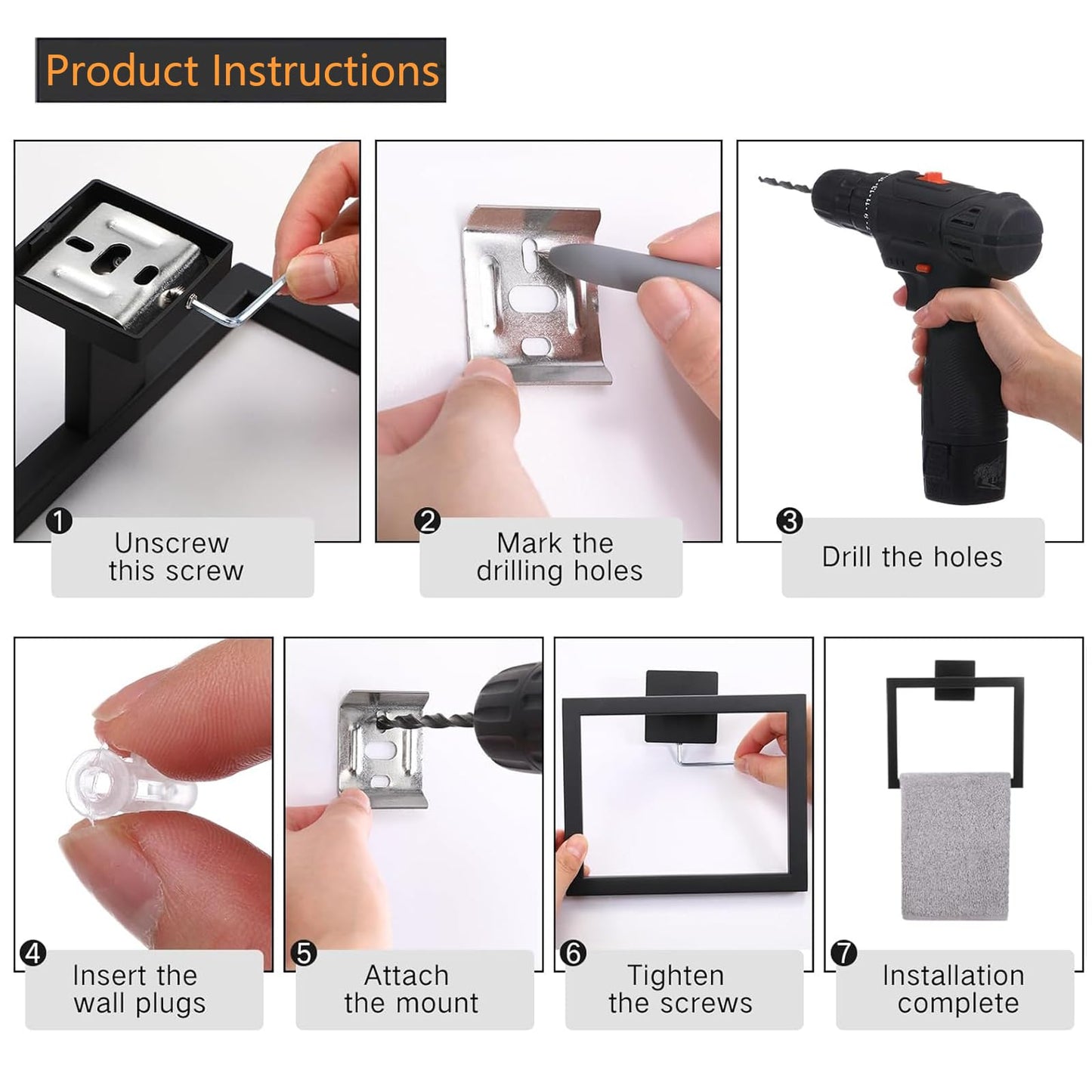 JOPOFI Towel Ring - Thicken SUS 304 Stainless Steel Towel Holder, Towel Racks for Bathroom, Square Modern Design Hand Towel Holder, Contemporary Hand Towel Bar - Matte Black