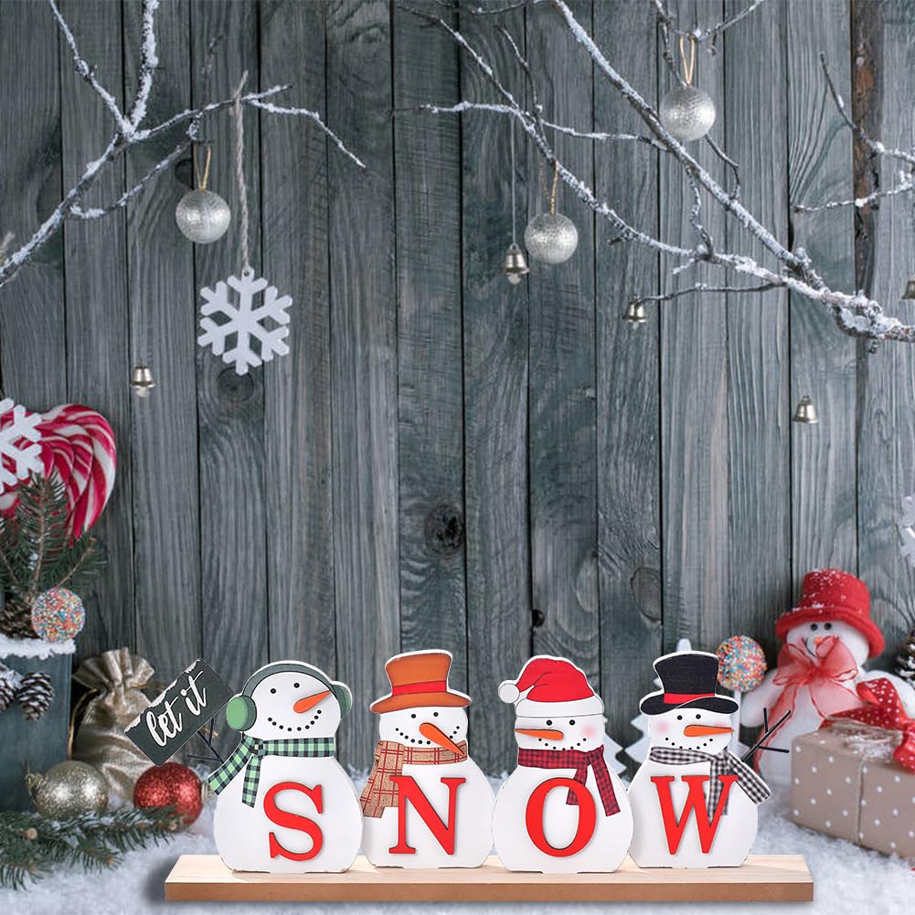 IDATOO Christmas Snowman Decorations, Wooden Snowman Block, Merry Christmas Sign, Rustic Let It Snow Winter Xmas Decor, Festive Holiday Centerpiece for Table Mantel Tiered Tray (Let it snow)