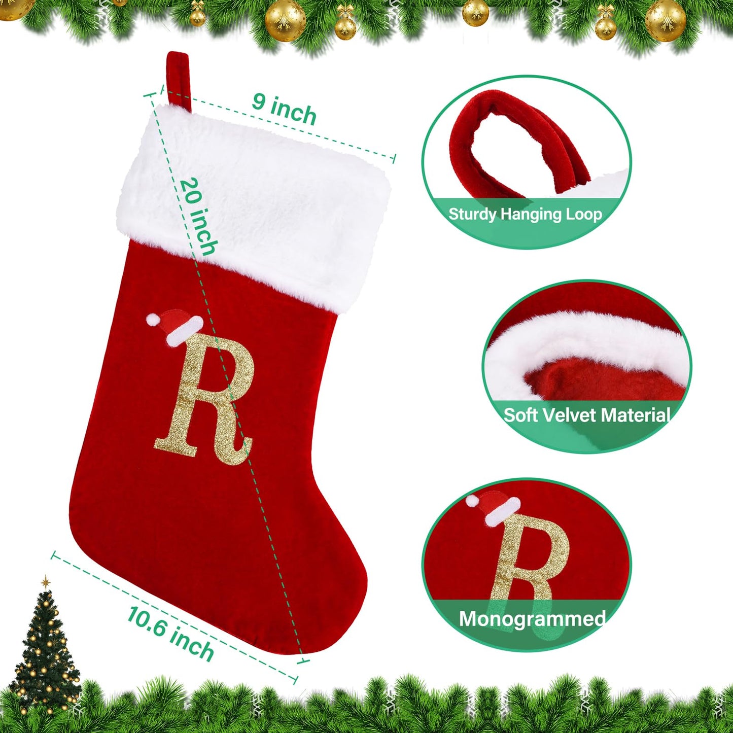 Sailup 20 Inches Monogram Christmas Stockings with Letters, Large Super Soft Christmas Stockings Red Velvet with White Super Soft Plush Cuff for Christmas Xmas Tree Holiday Fireplace (R)