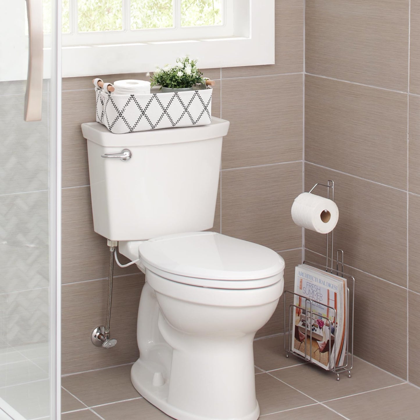 Toilet Tank Basket for Bathroom Storage - Holds 2-4 Toilet Paper Rolls, Small Decorative Basket with Wood Handles, Collapsible Organizer for Countertop, Shelf, Boho Home Décor, 12.5"x7"x4.5", White