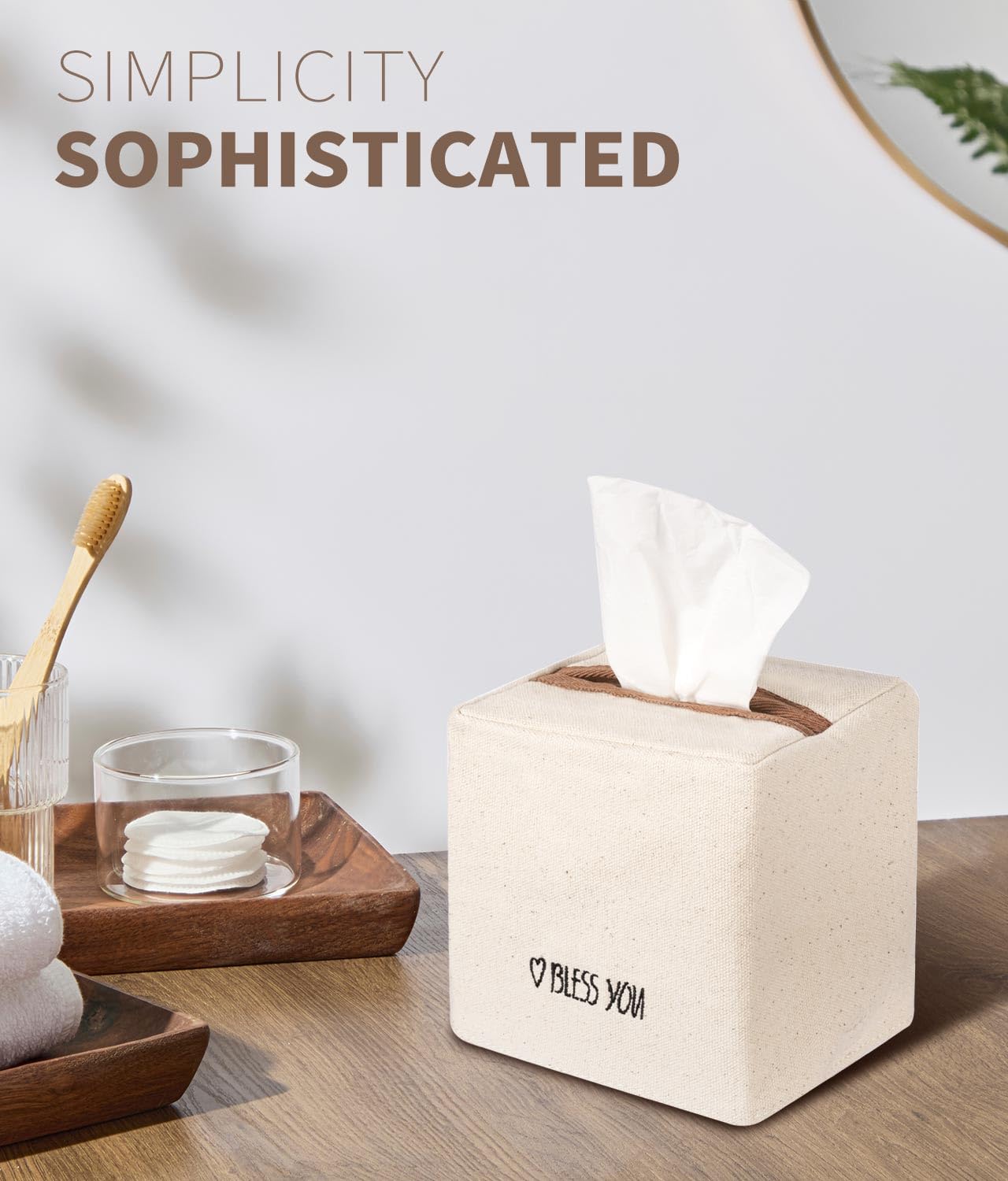 Livelab Tissue Box Cover Square, Chic Canvas Tissue Box Holder with Embroidery Text Decor, Stylish Tissue Case Facial Paper Cube Cover for Your Home, Officce and Bathroom | Ivory