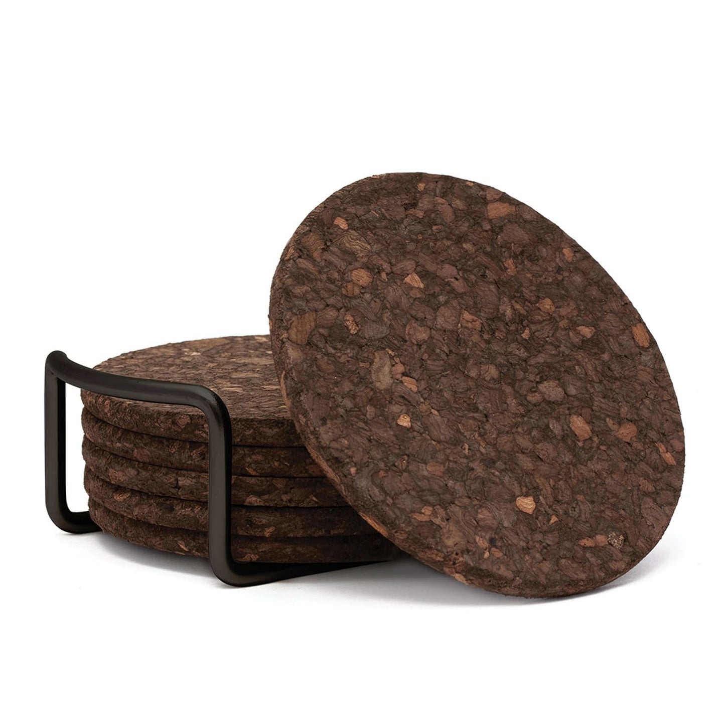 Thirstystone Set of 6 Thick Dark Cork Coasters in Attractive Black Coaster Holder 4.7" Round Durable Absorbent Easily Wipes Clean