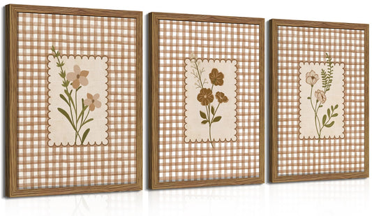 Framed Vintage Floral Wall Art Set of 3, Neutral Wildflower Botanical Canvas Wall Decor Paintings, Cottagecore Gingham Flower Posters Prints Pictures for Living Room Bedroom Bathroom 12x16 Inch