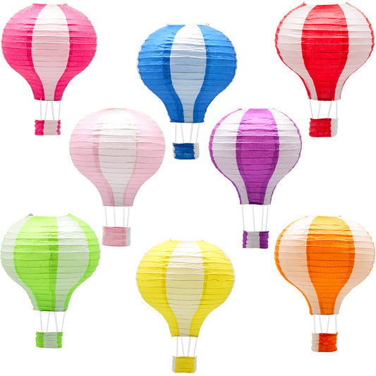 YIOTJUNL 8 Pcs Hot Air Balloon Paper Lanterns, Vertical Striped, 12 Inch Hanging Ceiling Decor in 6 Colors - Reusable Party Decorations for Baby Shower, Birthday, Easter, Graduation, Classroom