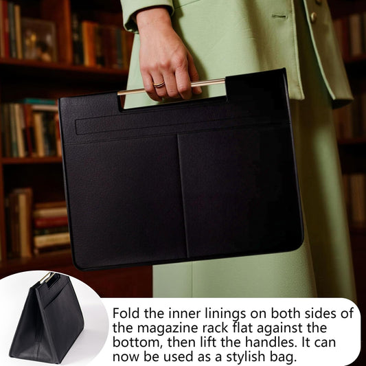 Craftmastudio Leather Magazine Holder Foldable with Handles，Stable Magazine Rack Floor，Magazine Basket File Holder Storage，Document File Folder Organizer Free Standing for Office Living Room (black)