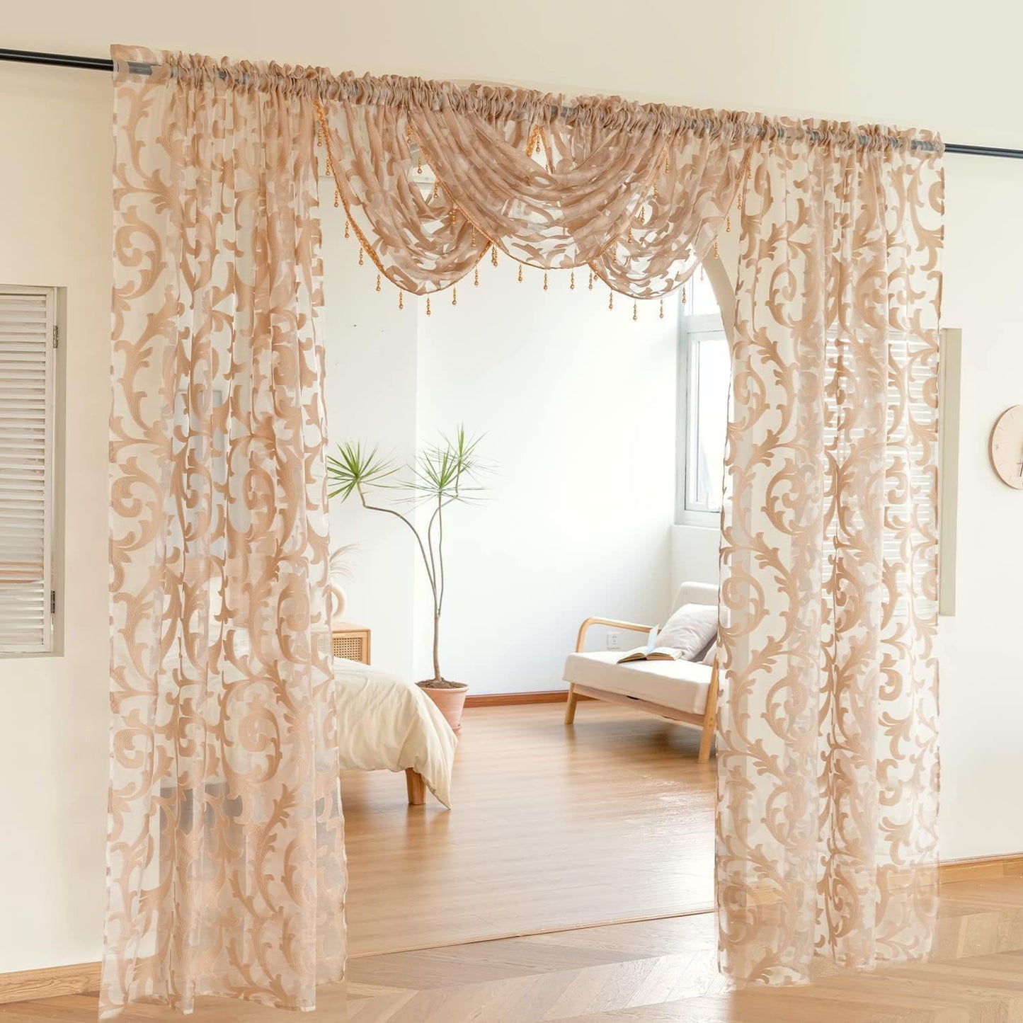 NAPEARL Swag Valance for Windows Tan Beige Organza Sheer Waterfall Curtain, Decorative Elegant Beaded Tassel Trim Rod Pocket Sheer Window Treatment for Bathroom, Kitchen, Small Windows