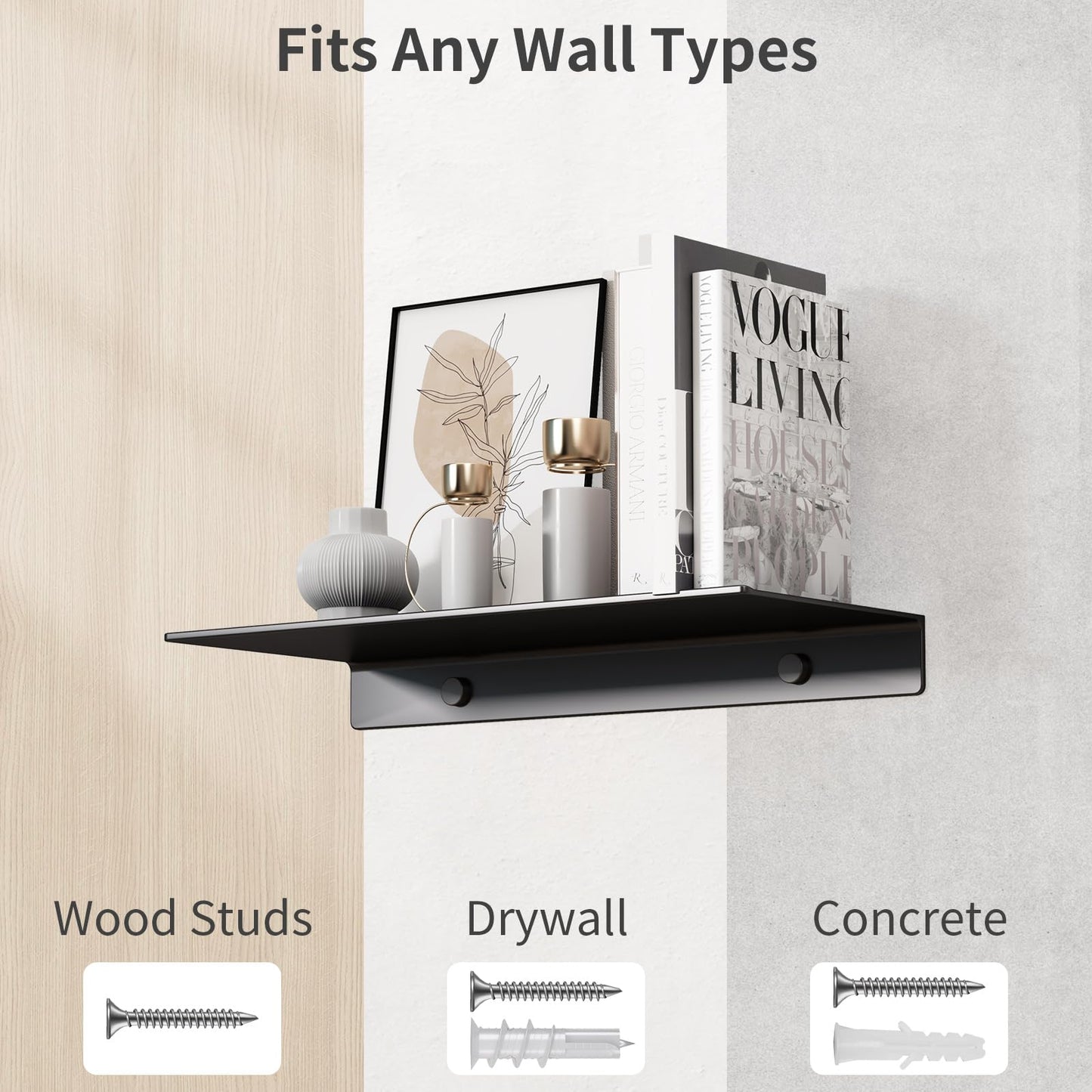 Danpoo Small Floating Shelf for Wall Storage, Mini Display Shelf for Collectibles, Metal Wall Shelf for Bathroom/Living Room/Kitchen/Bedroom(Black, 8")