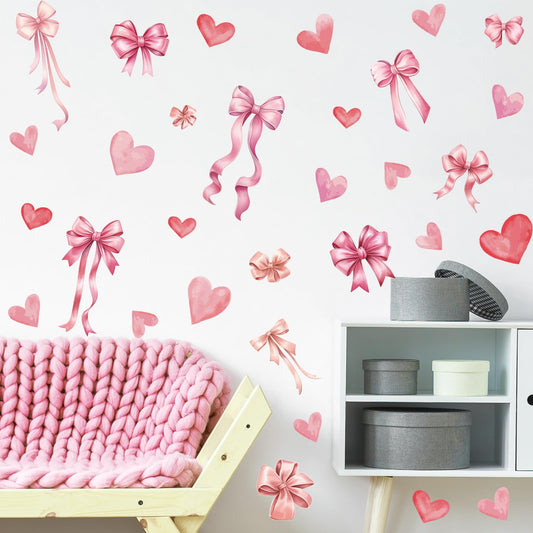 Pink Bow and Heart Wall Decals - 6 Sheets 82 Pcs Bow Knot Wall Stickers Watercolor Bow Heart Peel and Stick Wall Stickers for Girls Room Nursery Bedroom Valentine's Day Décor