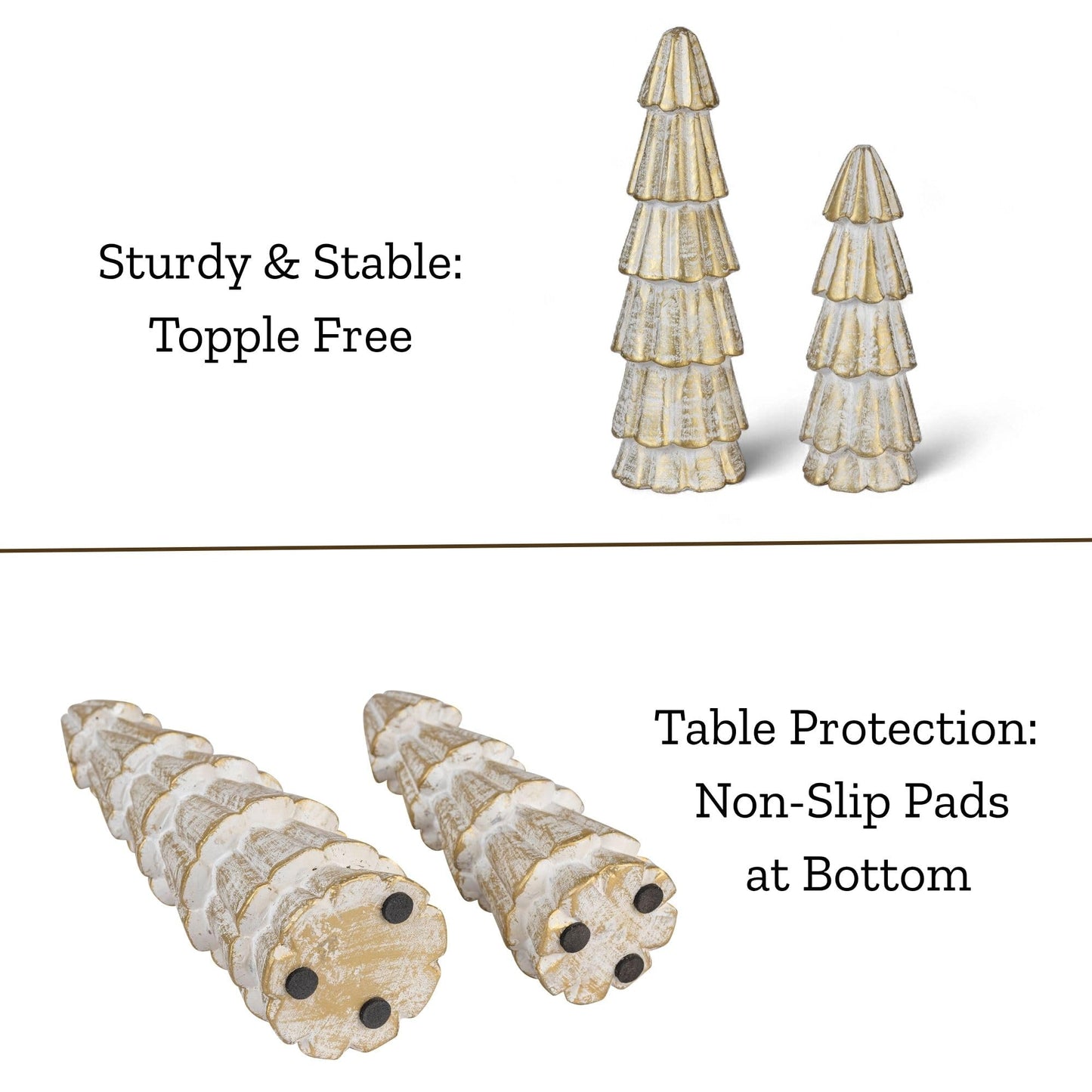 Mie Creations Christmas Tree Figurines, Set of 2 Wooden Decorative Trees for Home, Living Room, Table Centerpiece, Fireplace Mantel, Xmas Indoor Decor, Elegant White & Gold Christmas Trees-11,8 inch