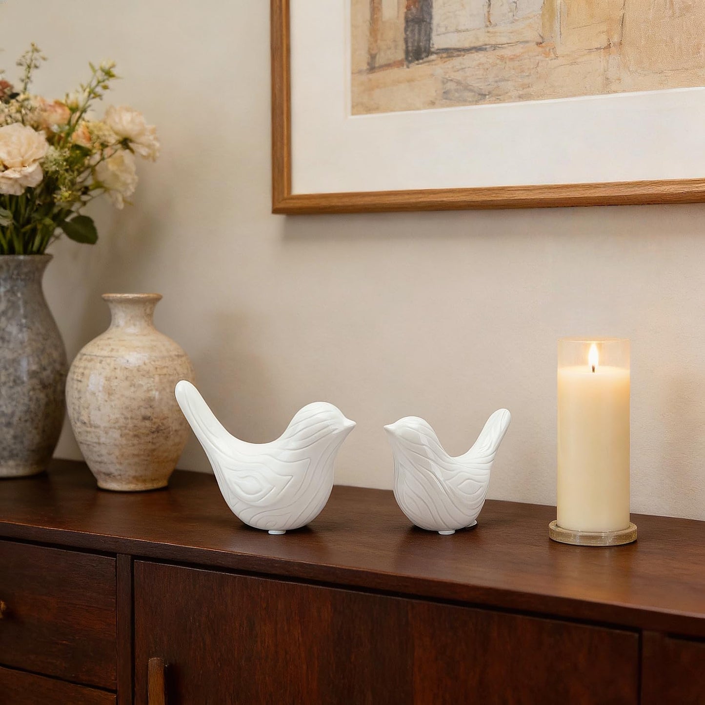 FANTESTICRYAN Set of 2 Small Ceramic Birds Statue, Home Decor Modern Style Animal Sculptures, Decorative Figurine Ornaments for Office Desktop, Bookshelf, Coffee Table, Bedroom, Living Room, Cabinets
