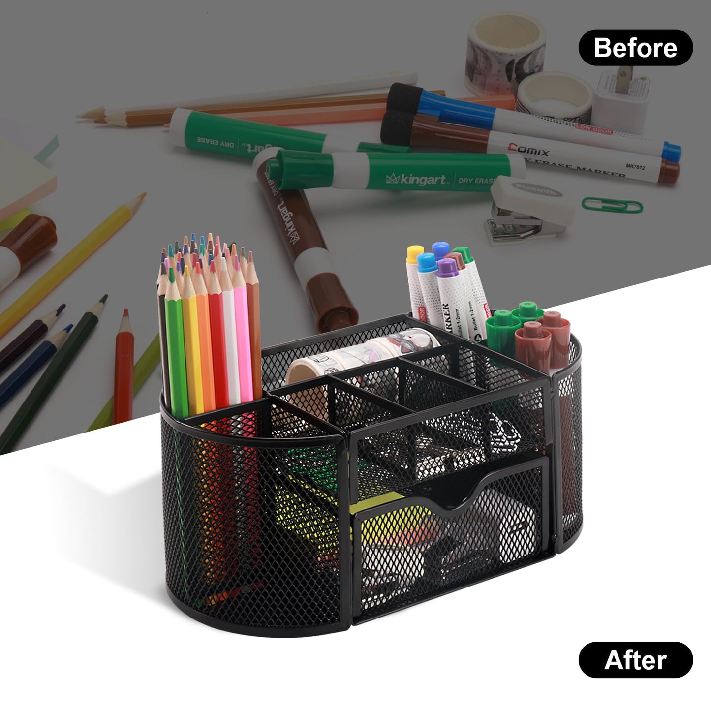 Comix Mesh Pen Pencil Holder Desk Organizer, 8 Compartment and 1 Drawer Wire Desktop Pen Pencil Cup Caddy Office Supplies Accessories for Home Office School, Black