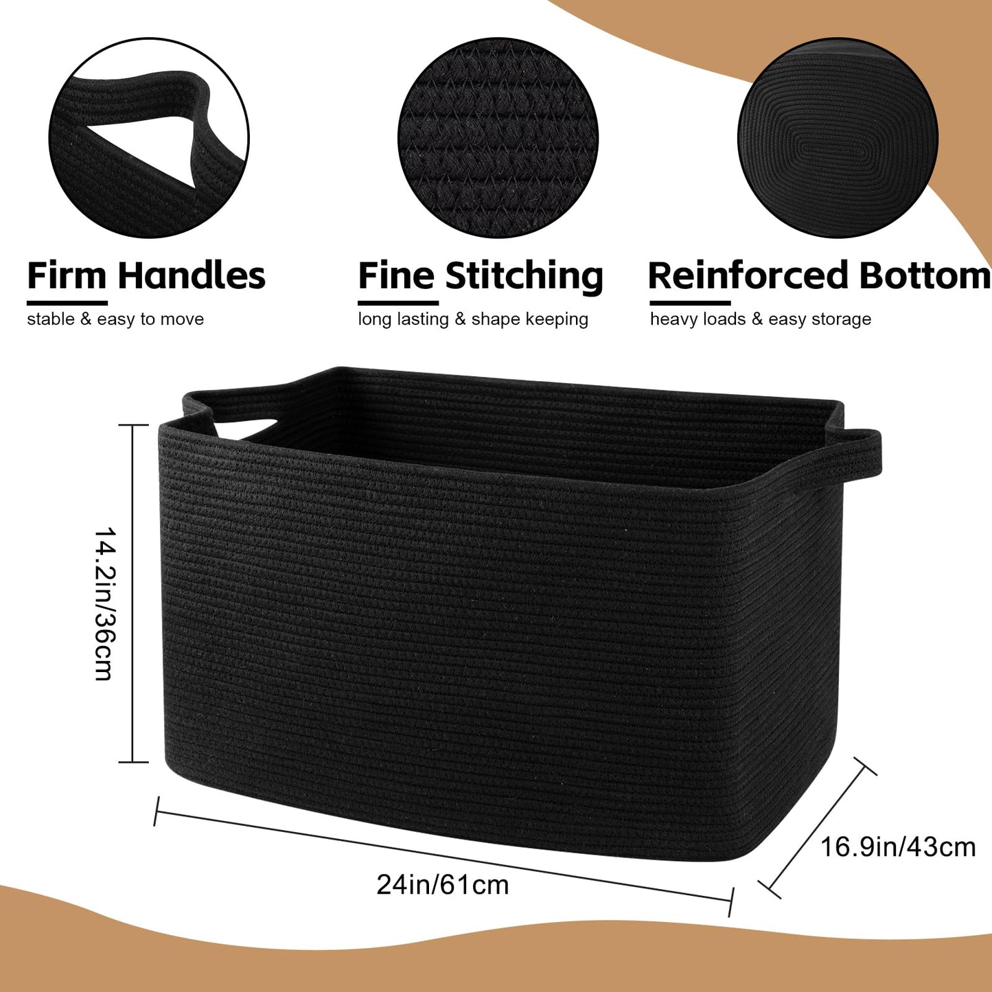 OIASKET 95L Extra Large Blanket Basket, 24" x 16.9" x 14.2" Woven Storage Basket for Living Room, Rectangle Nursery Blanket Storage for Toys, Towels, Dirty Clothes (Black)