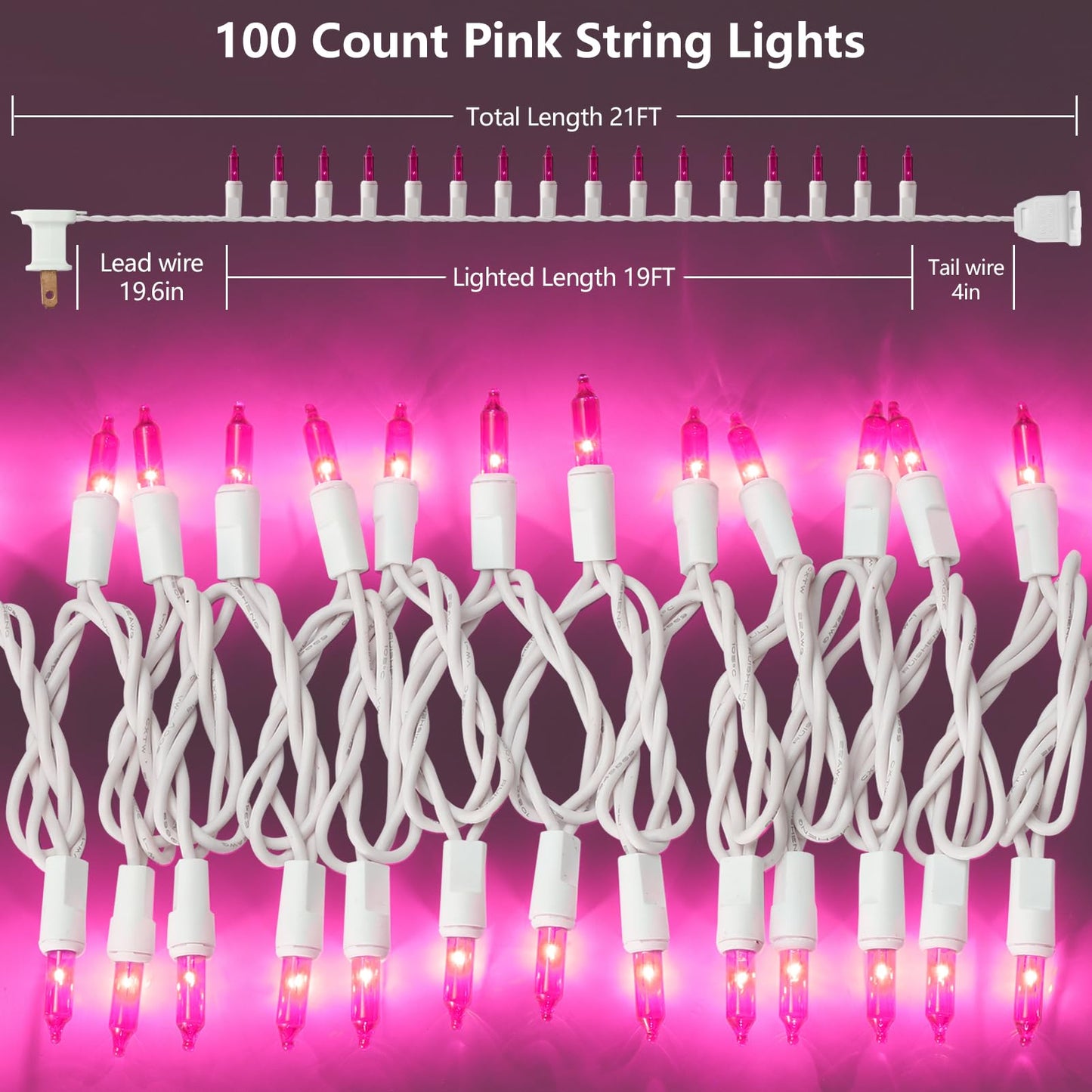 TIGOMOOV Pink Mini Christmas String Lights, 21ft 100 Count Incandescent Lights with White Cord, Plug in Pink Fairy Lights for Christmas Tree Valentine's Day Bedroom Wedding Indoor Outdoor Home Decor