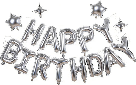 Silver Happy Birthday Banner Balloon Aluminum Foil 16 Inch Letter,10 Inch Five Pointed Star Four Pointed Star Suitable for Kids, Men, Women, Boys and Girls Party Decoration Supplies