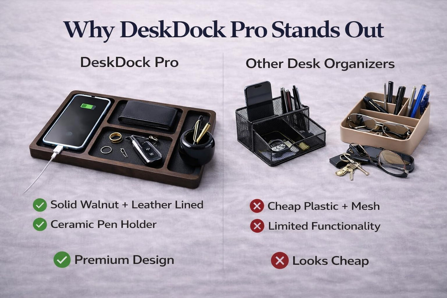 Desk Organizer Tray for Men with Ceramic Pen Holder, Wooden Valet Tray, Minimalist EDC Desk Organizer for Phone, Wallet, & Keys, Nightstand Bedside, Entryway, Birthday Gift for Men, Dad, Husband