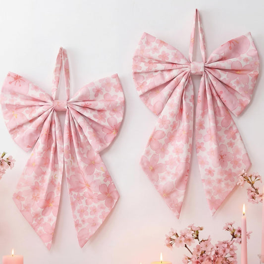 Suncalla 2 Pcs Spring Cherry Blossoms Wreath Bows 19.6'' x 11.8'' Large Tree Topper Pink Ornament Rustic Burlap Wreath Sash for Front Door Spring Party Yard Doorway Indoor Outdoor Wall Decor