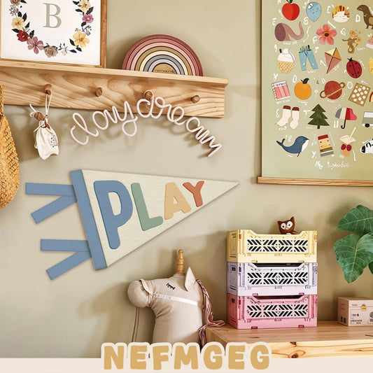 NEFMGEG Kids Playroom Decor, Play Sign Wall Felt Pennants Banners Flags, Boho Colorful Wall Hanging Decor for Toddler Kids Boys Nursery Bedroom Room Playroom