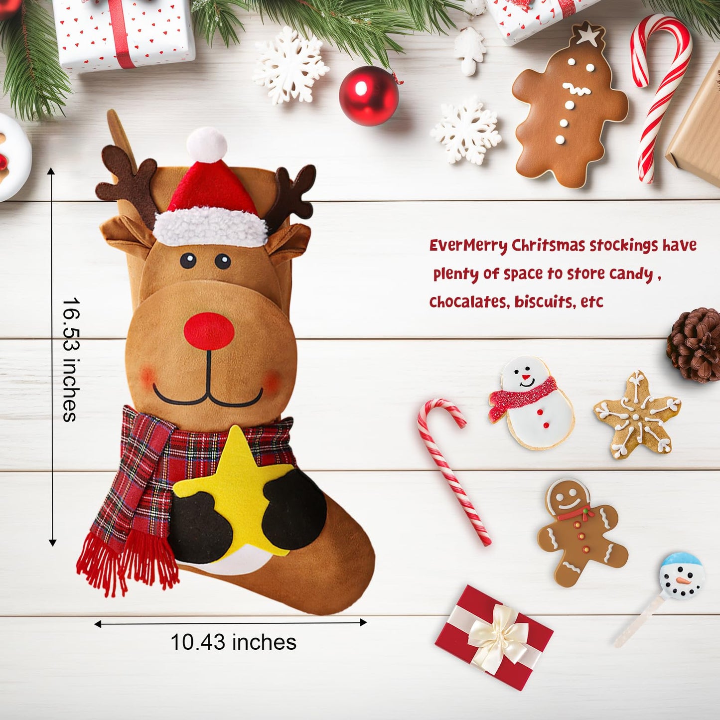 EverMerry 3 PCS 18" Christmas Stocking, Large Xmas Christmas Stockings Santa, Snowman, Reindeer Character for Holiday Party Fireplace Home Decorations